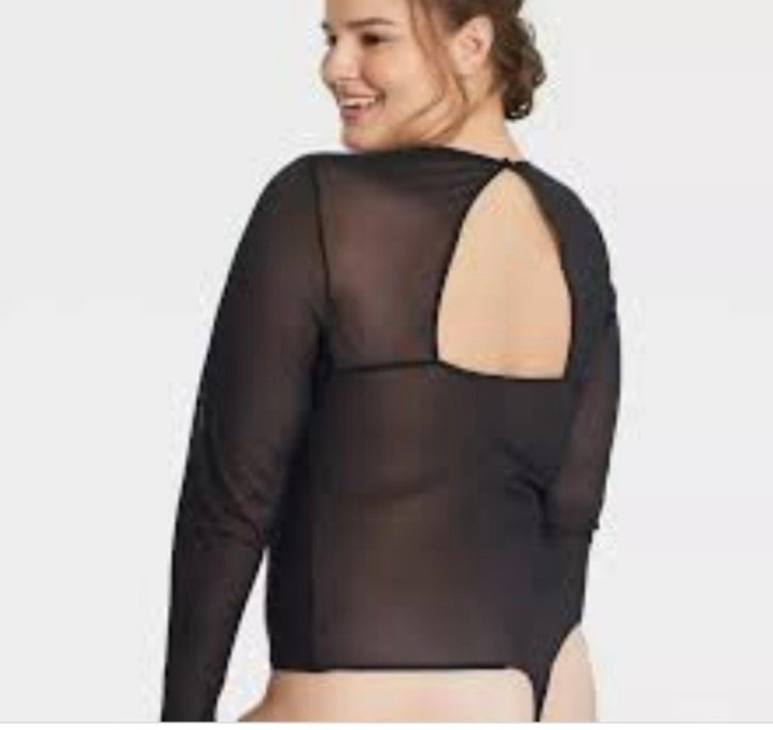 LARGE Auden Intimates Black Mesh Sheer Long Sleeved Thong Bodysuit