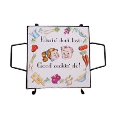 Vintage Lefton Trivet 6 Tile in Metal Frame Kissin Don't Last Good Cookin Do!
