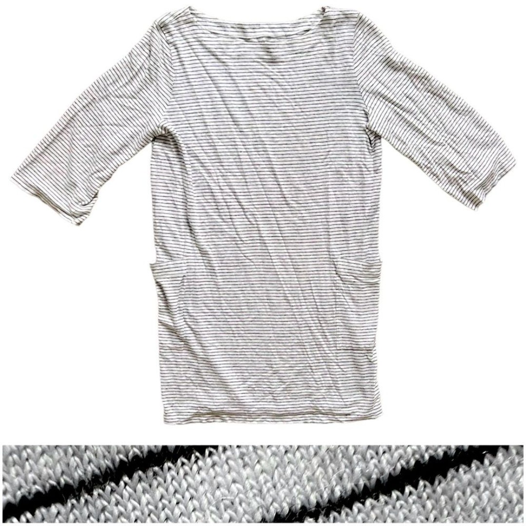 Eileen Fisher White Black Striped Side Patch Pocket 3/4 Sleeve Tunic Top size M