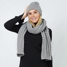 Gray Cable Knit Style Beanie Hat and Scarf Set Winter Fashion Accessory