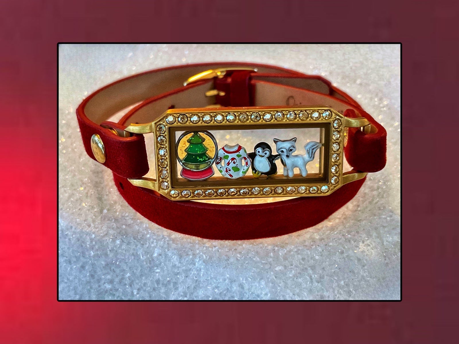 Gold Bar Locket, Red Wrap & Charm’s