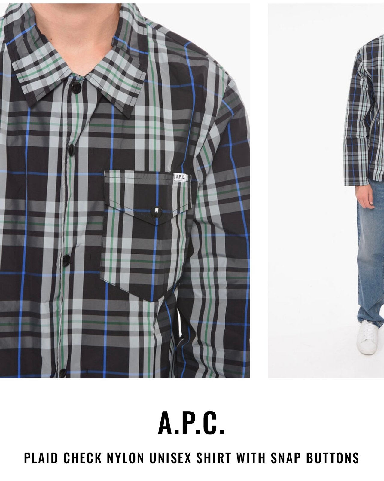 A.P.C.PLAID CHECK NYLON UNISEX SHIRT WITH SNAP BUTTONS-Medium