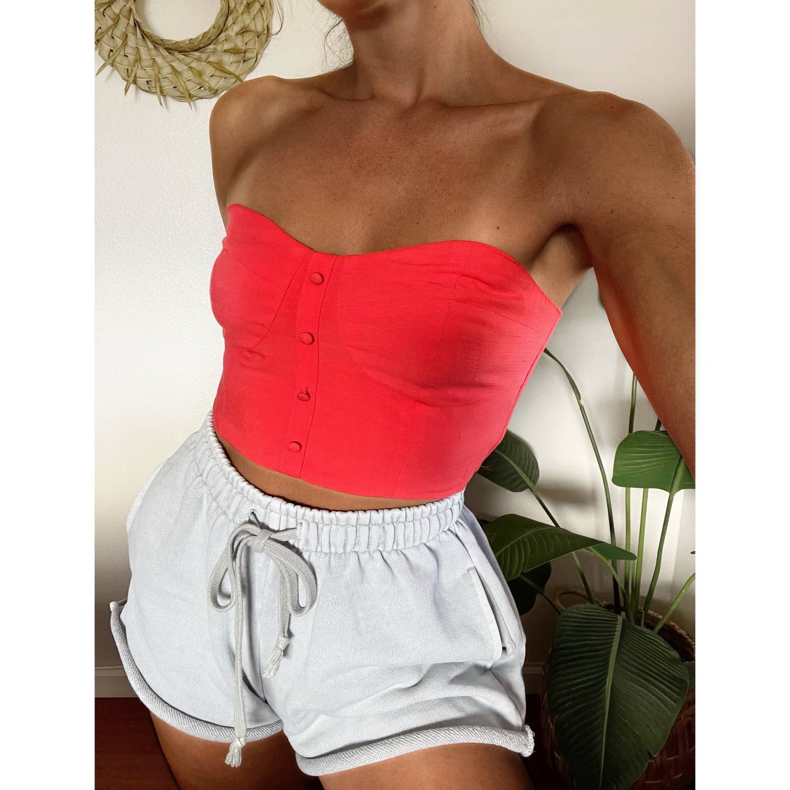 Bar III• Linen Corset Strapless Crop Top Buttons