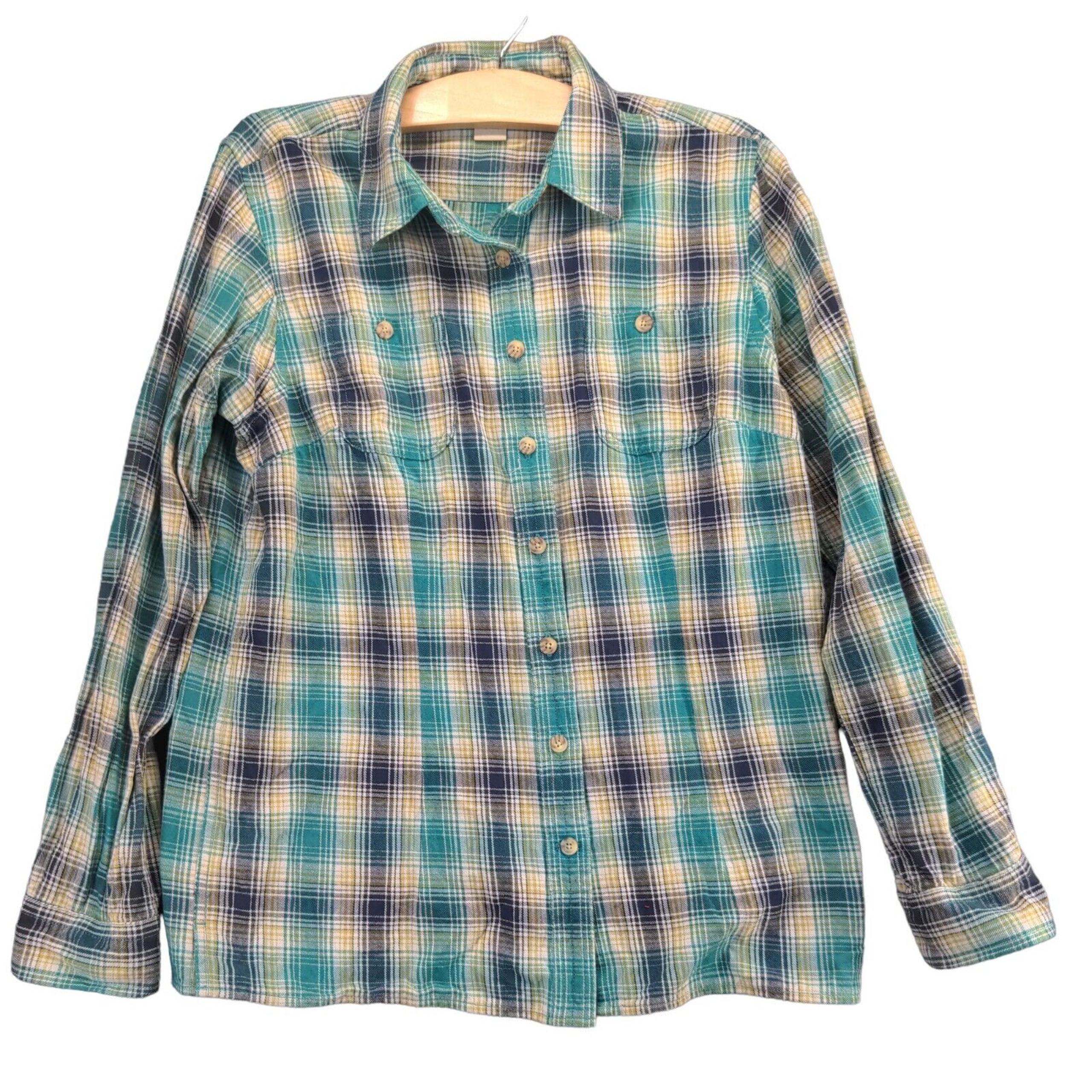 Duluth Trading Co Mens Flannel Button Up Shirt Size M Green Plaid Long Sleeve
