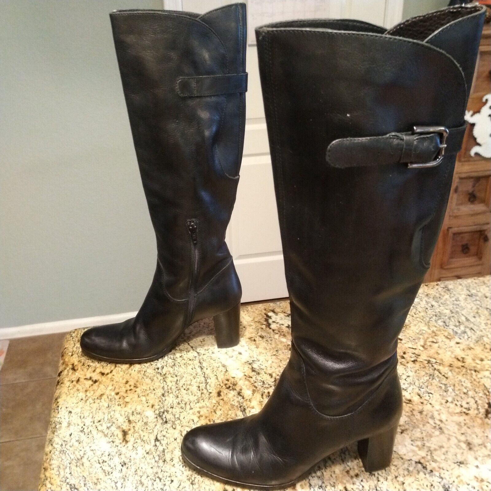 Sesto Meucci Italy Leather Tall Women Sz 5.5 Boots Pull On Side Zip Buckle 399