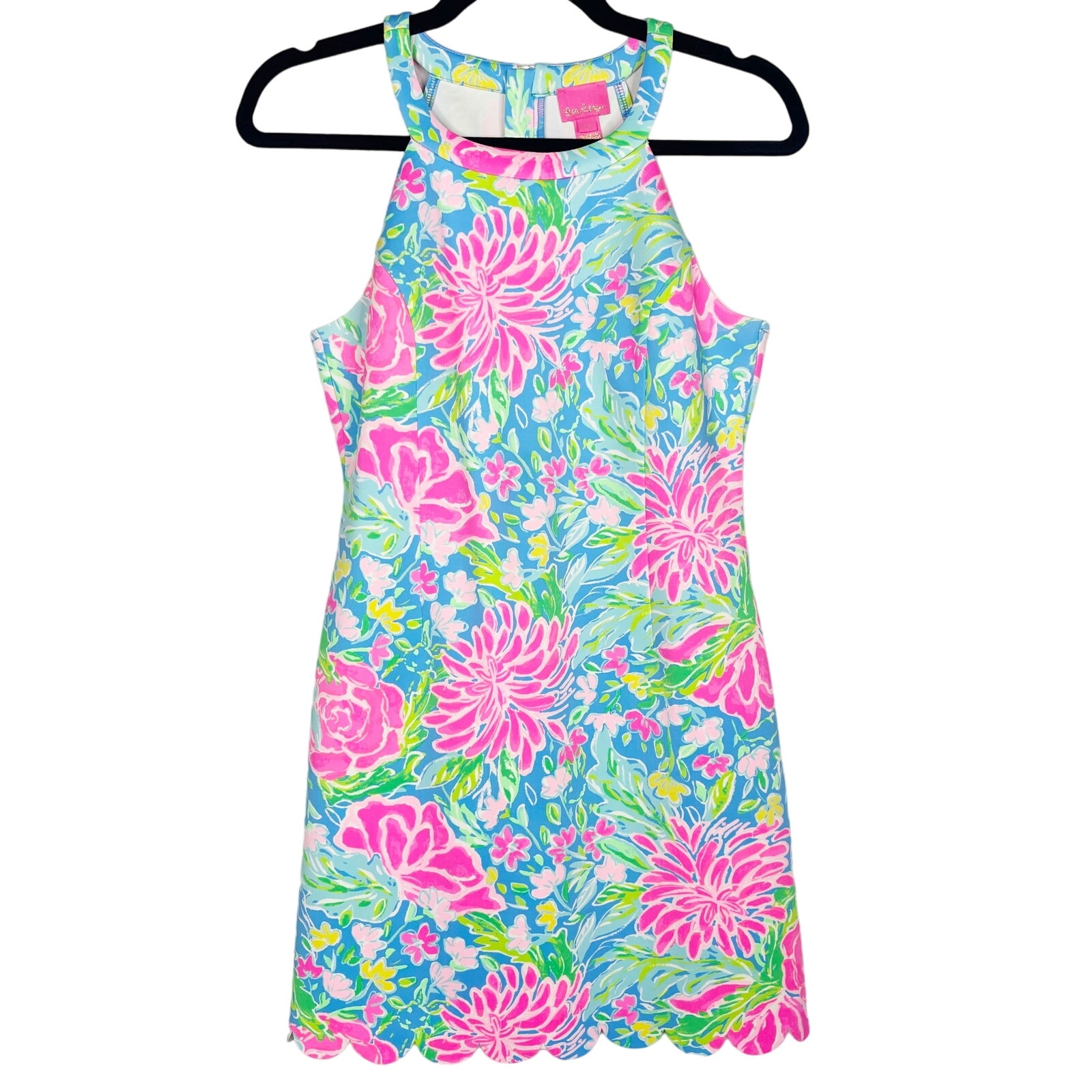 Lilly Pulitzer Girls 16 Zanzibar Blue Sophelia Print Halter Shift Dress Scallop