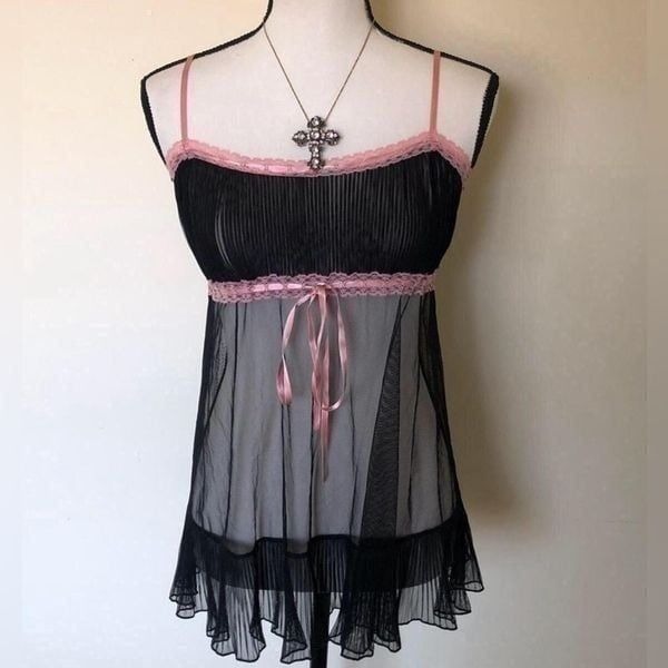 Victorias Secret Y2K Sheer Black Babydoll Lingerie Size Large
