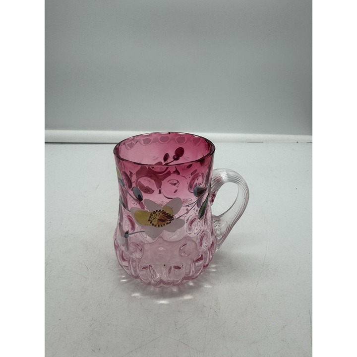 Victorian Cranberry Glass Mug with Hand Painted Enamel Dogwood Flowers