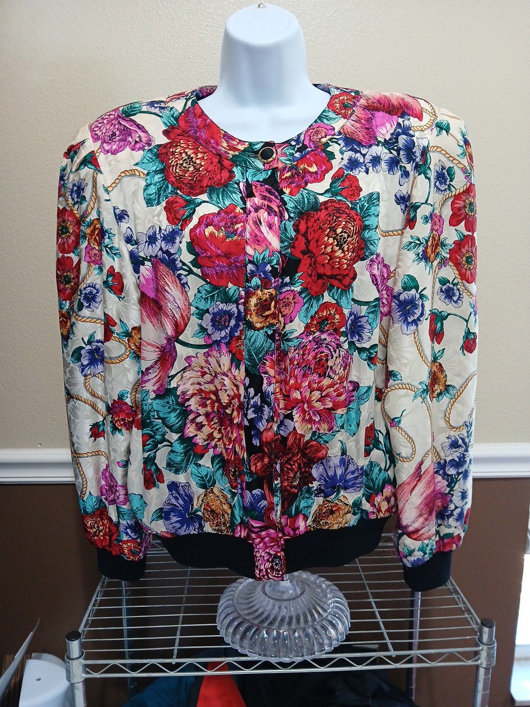 DIANE FREIS Vintage 80s Silk Floral Bomber Jacket Medium Shoulder Pads