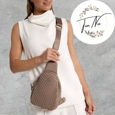 NWT CALIA Women's Neoprene Woven Sling Bag Color: Sueded Brown DKS68