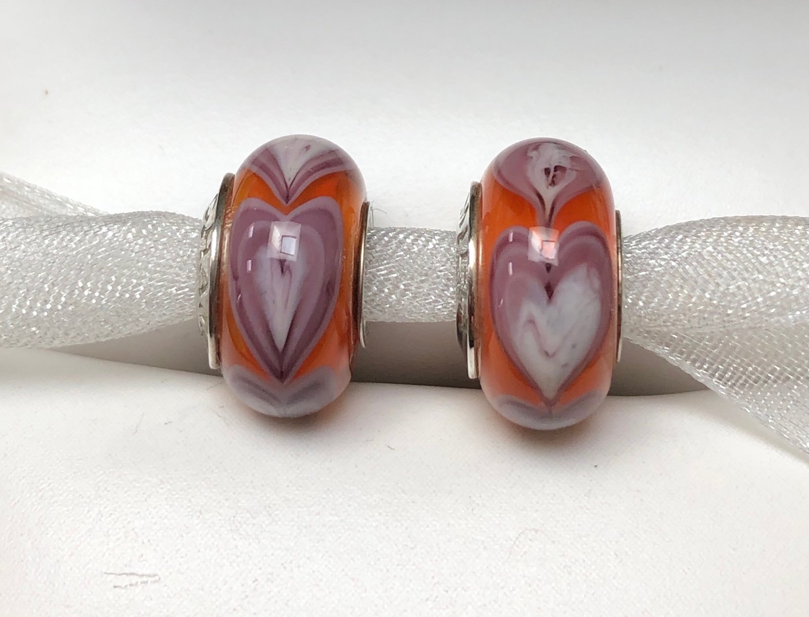 CHAMILIA (2) Orange Row Of Hearts Murano Glass Beads Fit PANDORA