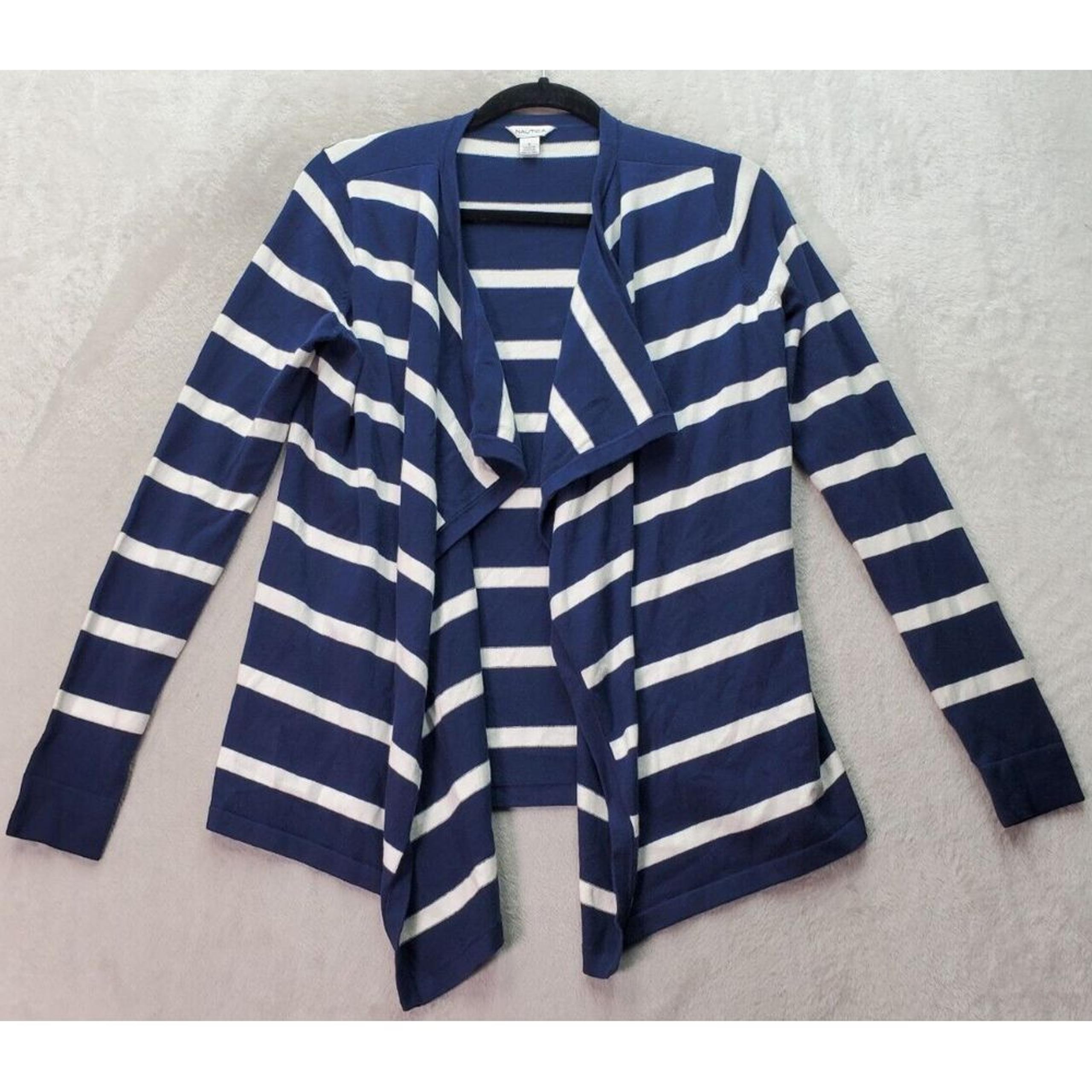 Nautica Cardigan Sweater Women's Small Navy White Striped Long Sleeve Open Front