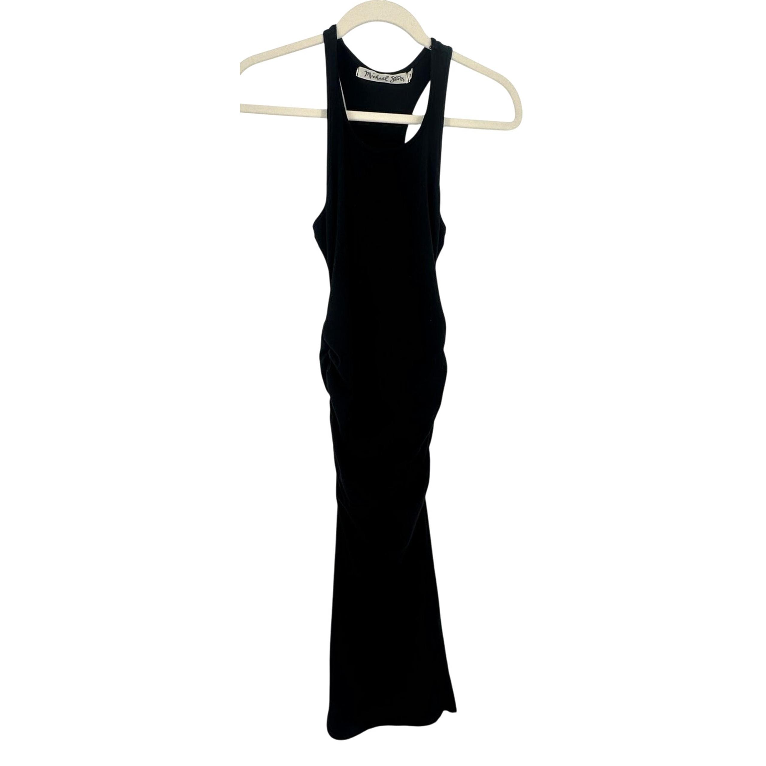 Michael Stars Racerback Dress Midi Black Sleeveless Ruching Vacay Resort Size XS