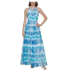 NWT 229 CALVIN KLEIN Blue Zippered Cut Out Ruffle Trim Tie Dye Sleeveless Gown