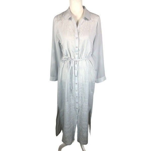Soft Surroundings Pale Gray Sheer Chiffon Button Up Duster Dress PS Collared Tie