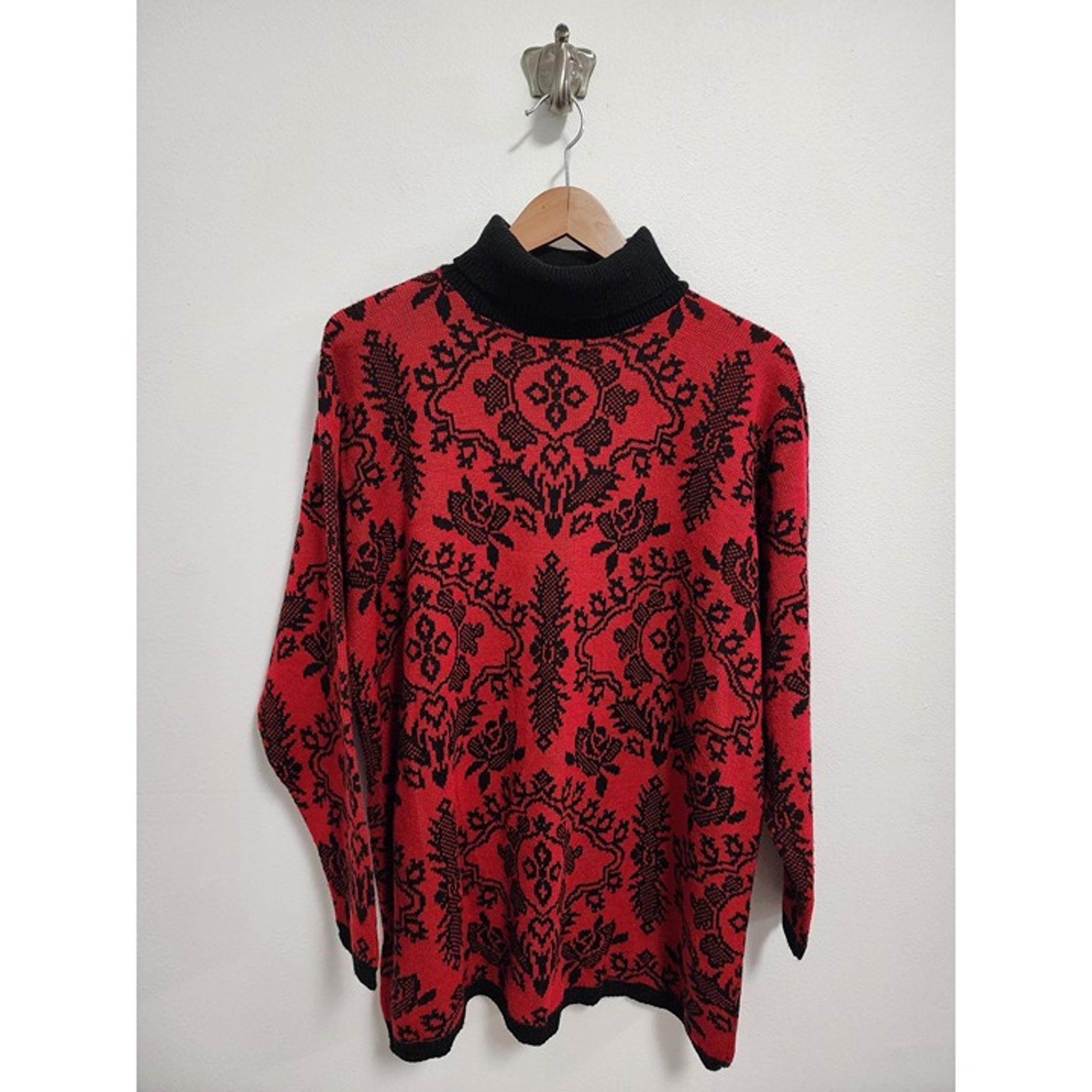 Diane Von Furstenberg red black floral knit turtleneck sweater L