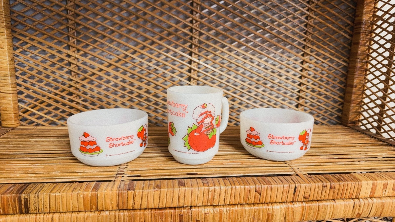 Fire King Strawberry Character Goods Short Mug & 2 Bowl Set
