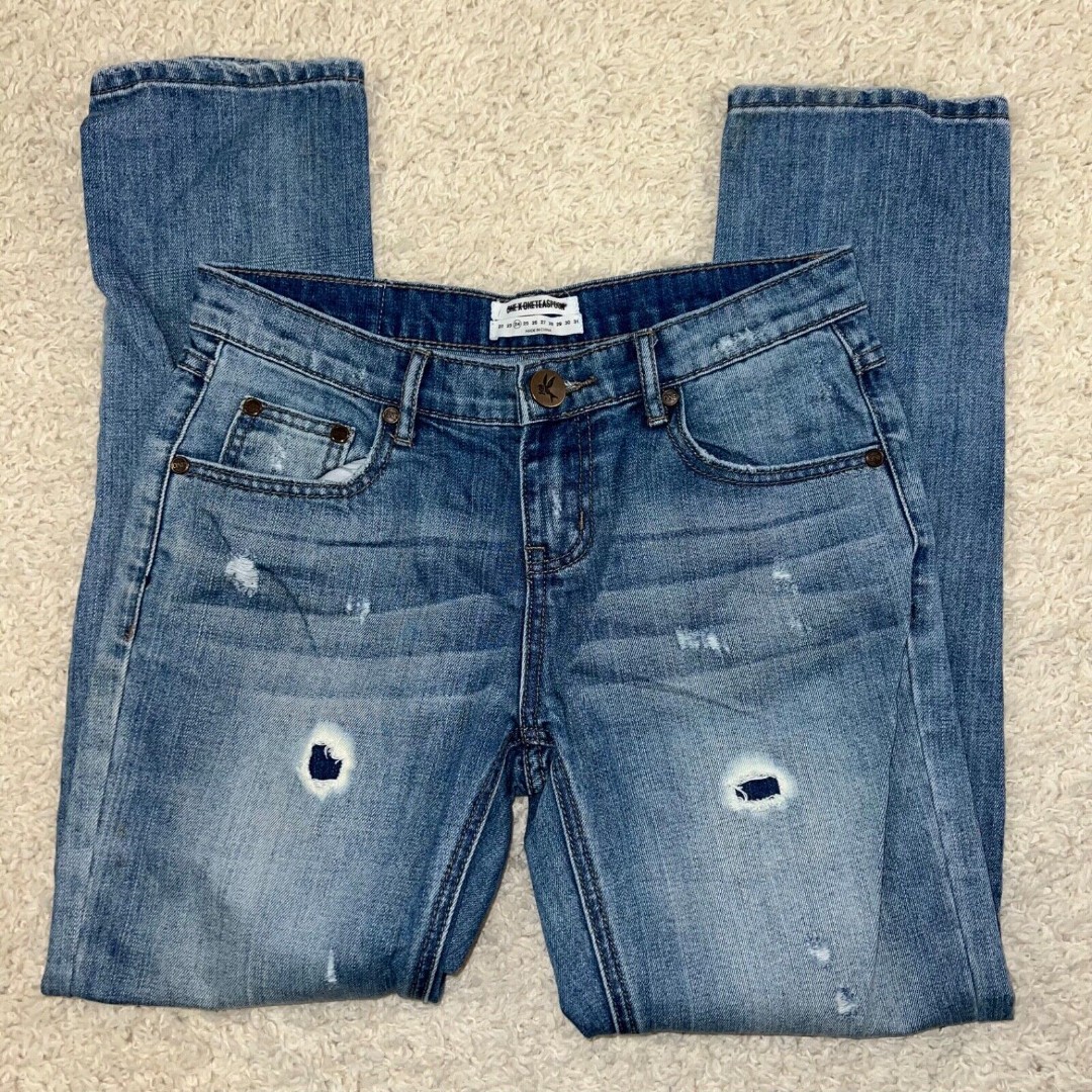 One x Oneteaspoon slim straight jeans medium wash womens size 24 distressed
