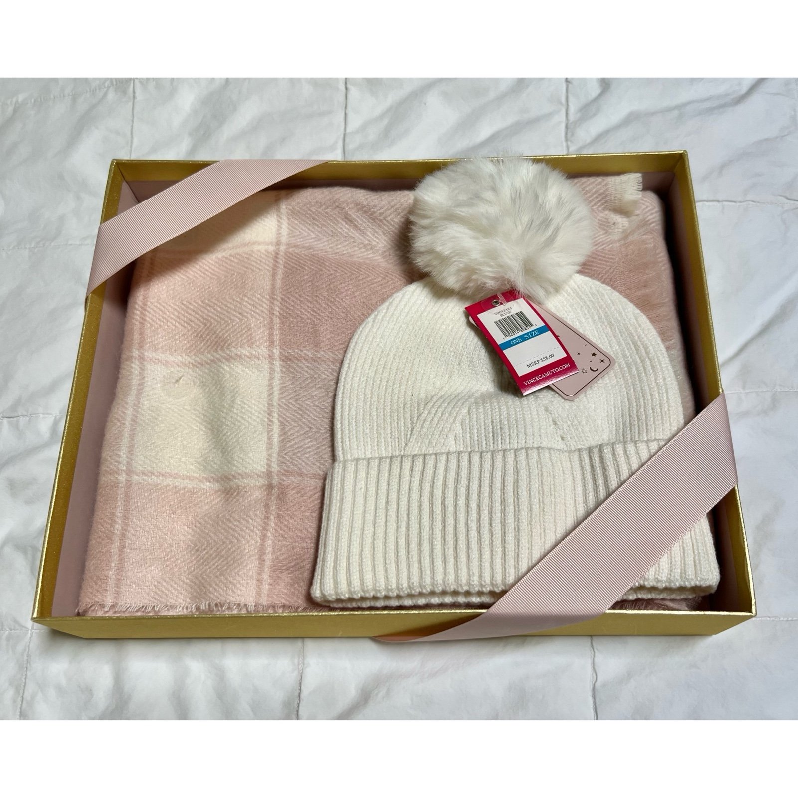 [Vince Camuto] Blush/Cream Scarf and Hat Set