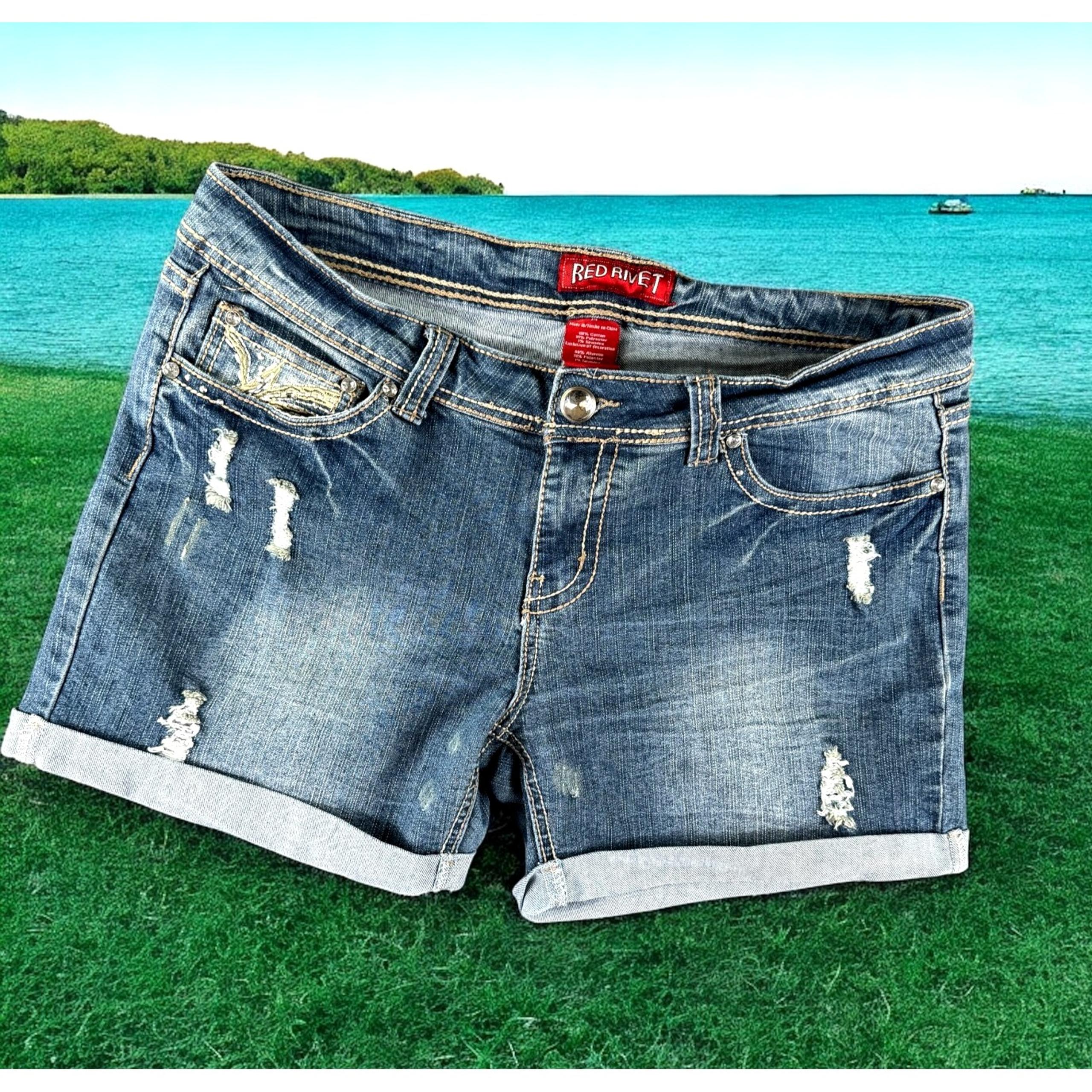 Red Rivet Jean Shorts Women 15 Distressed Whiskered Beach Bootie Denim Embroider