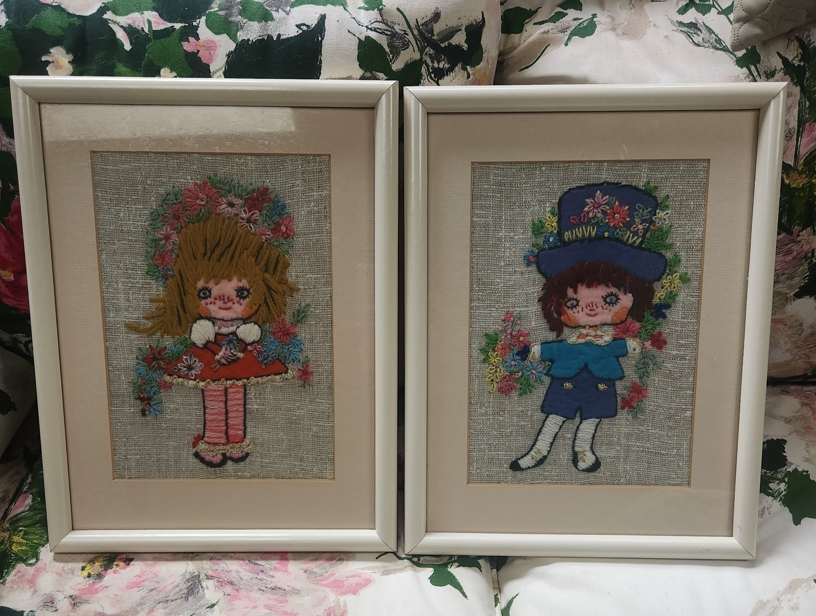 Vintage Crewel Embroidery Barbara Keane's BIG EYES Boy & Girl Pair MCM Beautiful