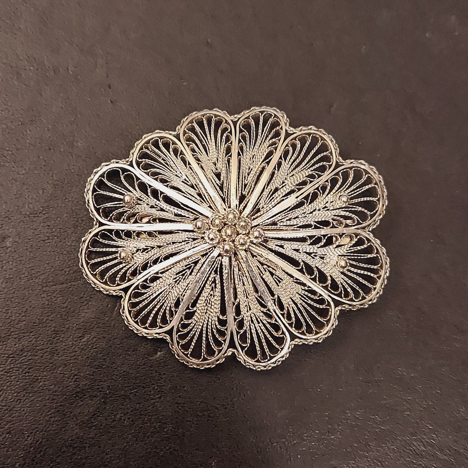 Vintage Palestine Sterling Silver Filigree Floral Brooch