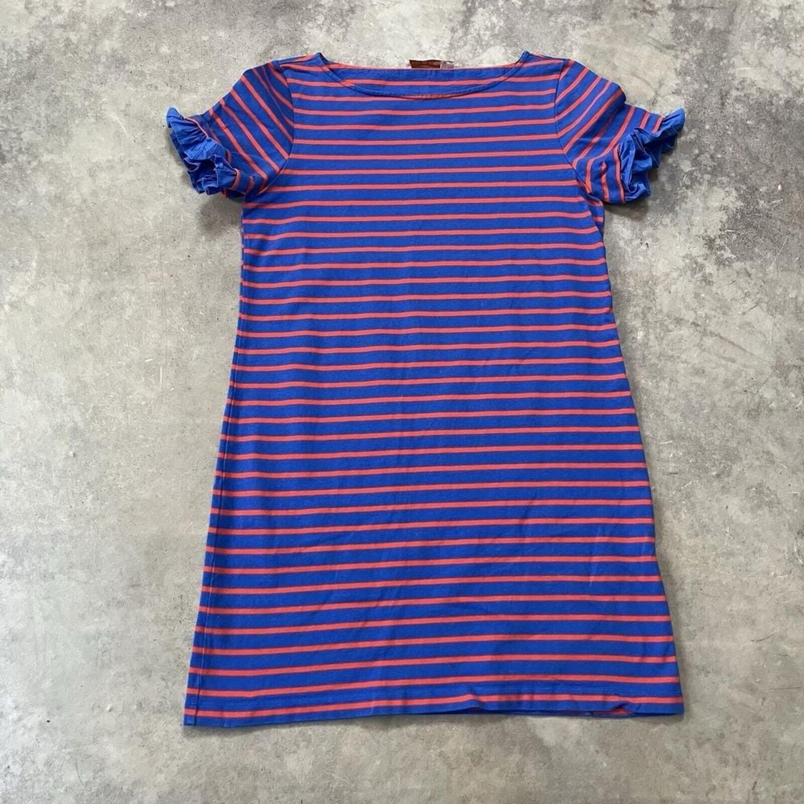 Tory Burch Dress Womens Medium Blue Red Striped Ruffle Short Sleeve Cotton Basic