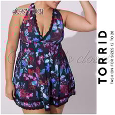 Torrid Black Floral Wireless Mid Lace Trim Swim Dress Swimsuit 2X 18 20