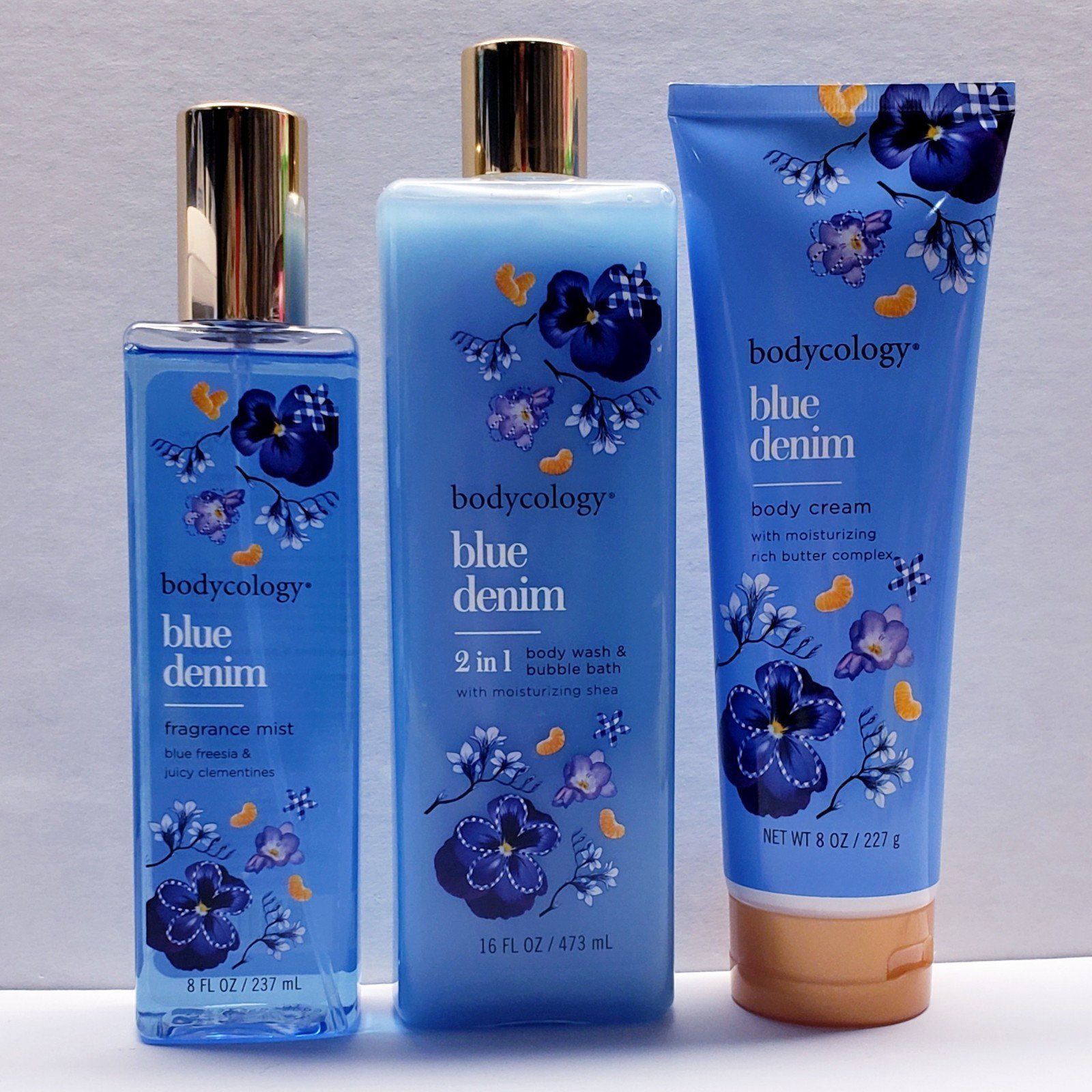 Bodycology BLUE DENIM Body Cream, Fragrance mist, Body Wash & Bubble Bath