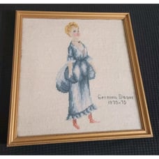 German Bisque 1870-75 Victorian Woman in Dress Needlepoint Framed 14 x 13