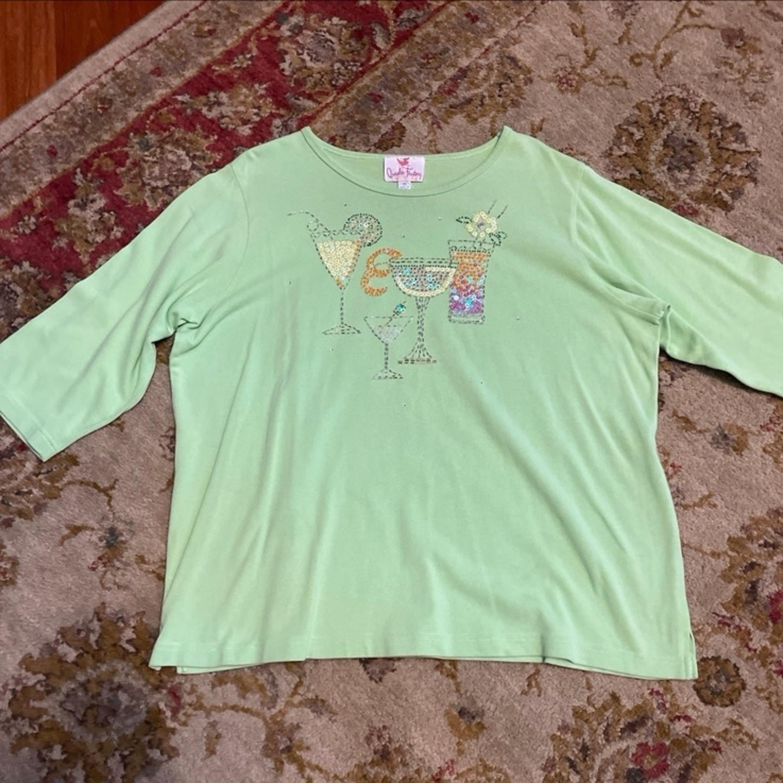Vintage Y2K Quacker Factory 100% Cotton Lime Green &Sequins Happy Hour Top - XXL