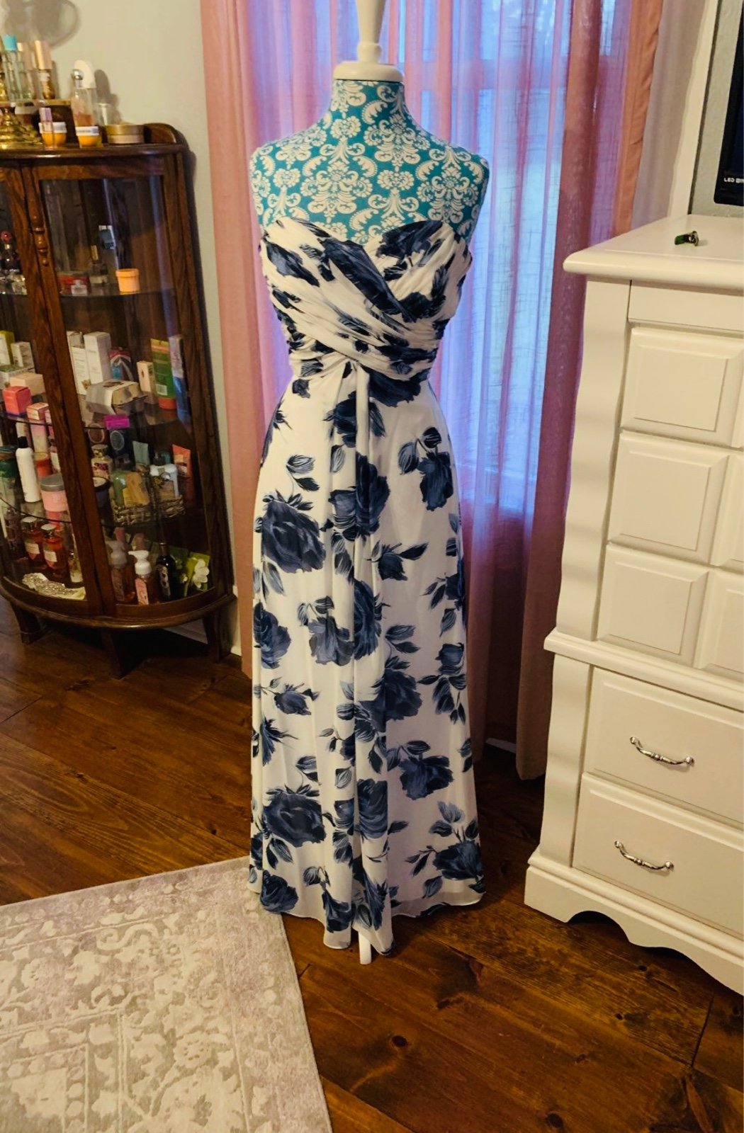 Dessy 2918 Indigo Rose Print Chiffon Ivory and Navy Bridesmaid Dress