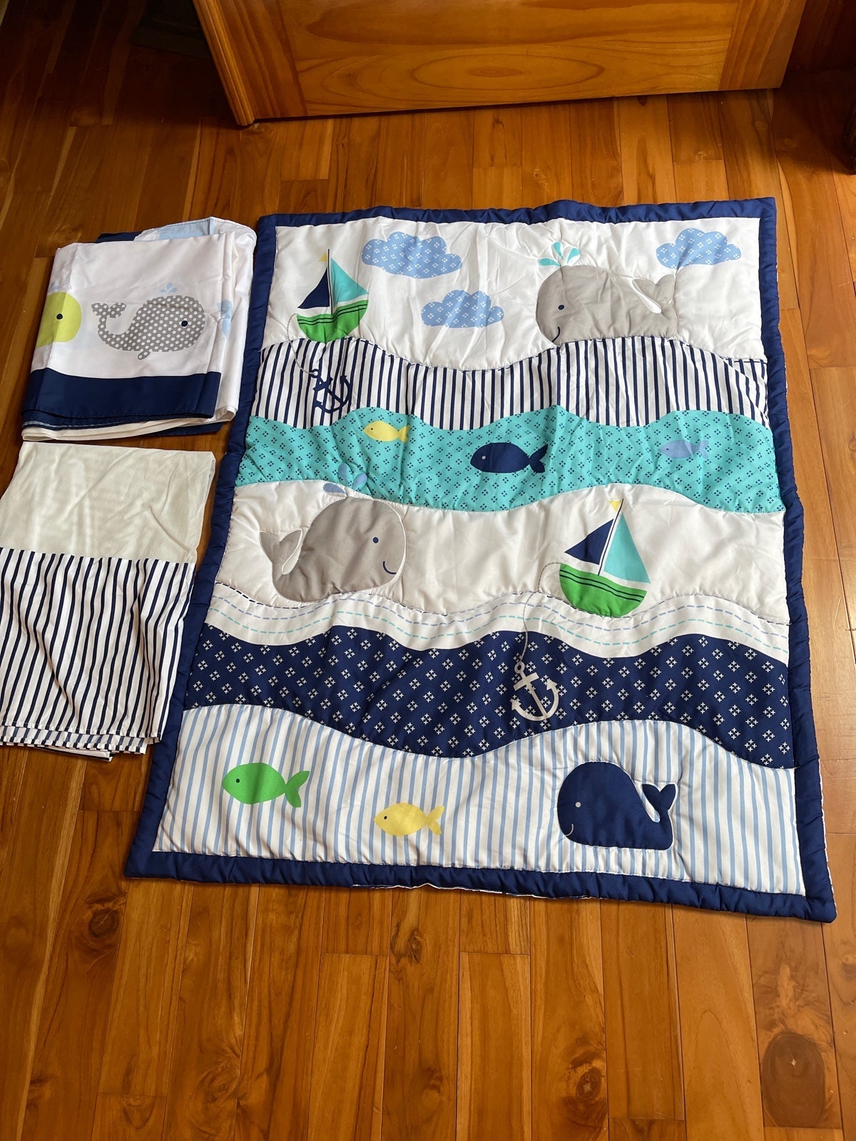 Nautical Baby Quilt & 2 Crib Skirts BOAT ANCHOR WHALE SEA Nursery Blue Stripe.
