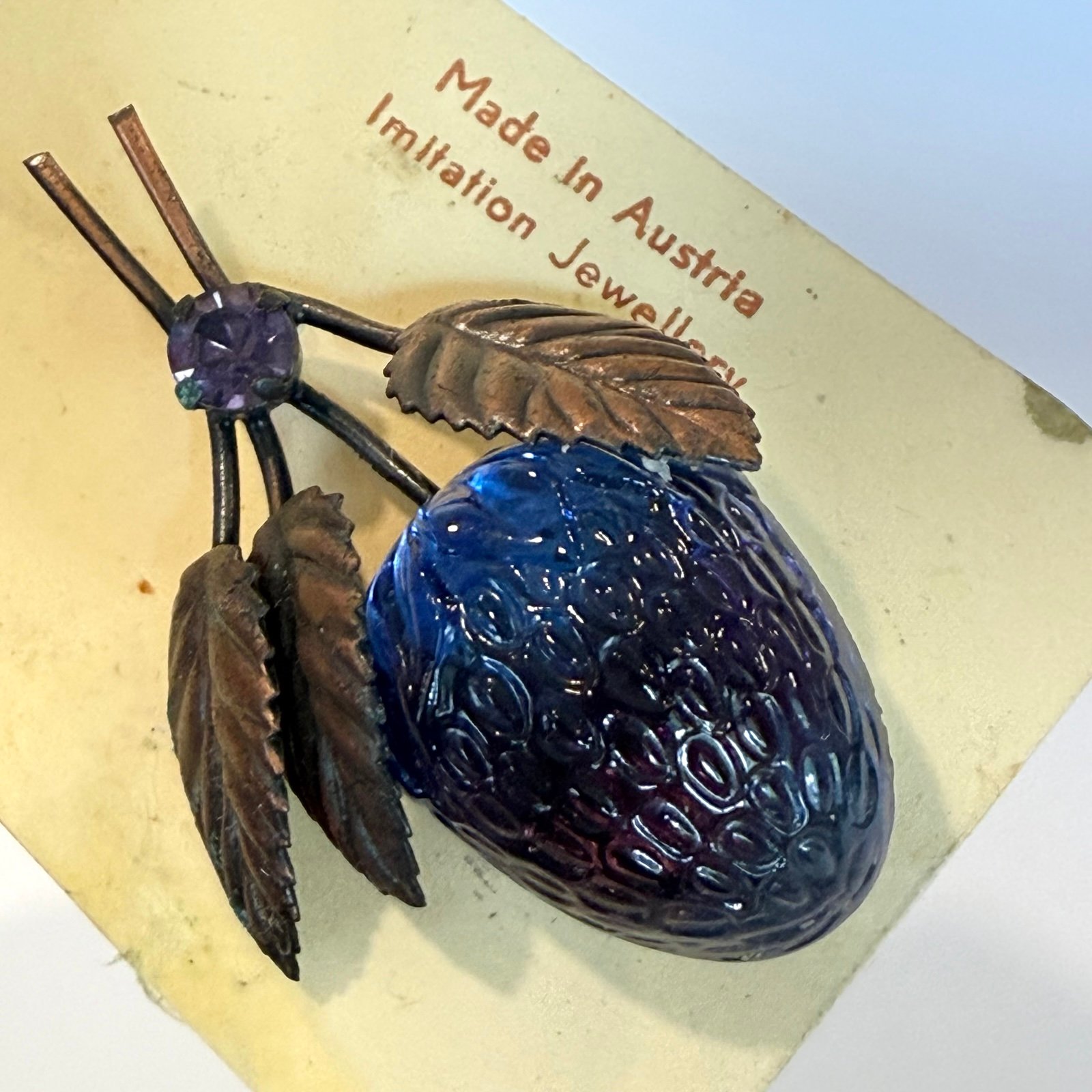 Vintage New Austria Blue Purple Fruit Berry Brooch Copper Tone Leaves