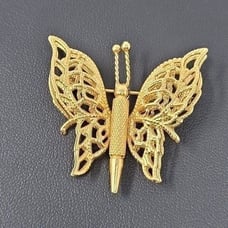 Vintage Monet Signed Gold Tone Butterfly Brooch Pin 3D Filigree Double Wing