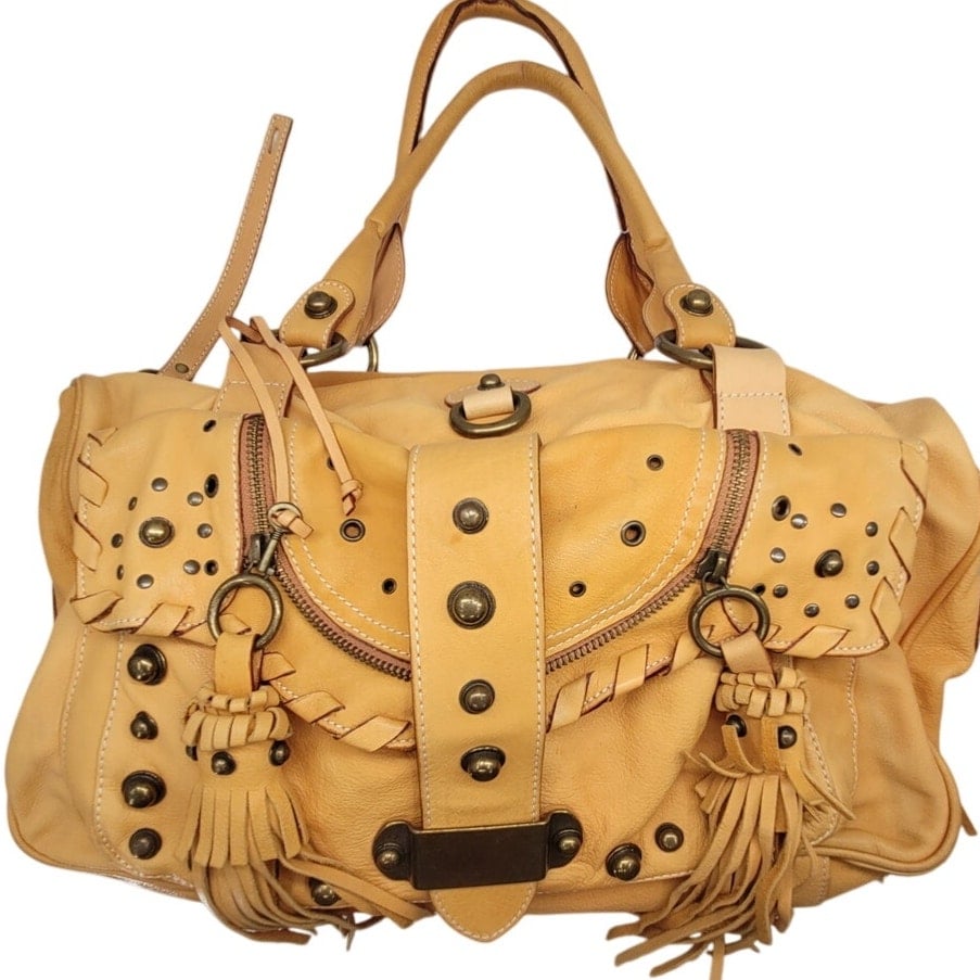 Mania Tan Studded Buckled Tasseled Multi Pocket Leather Satchel Bag Handbag