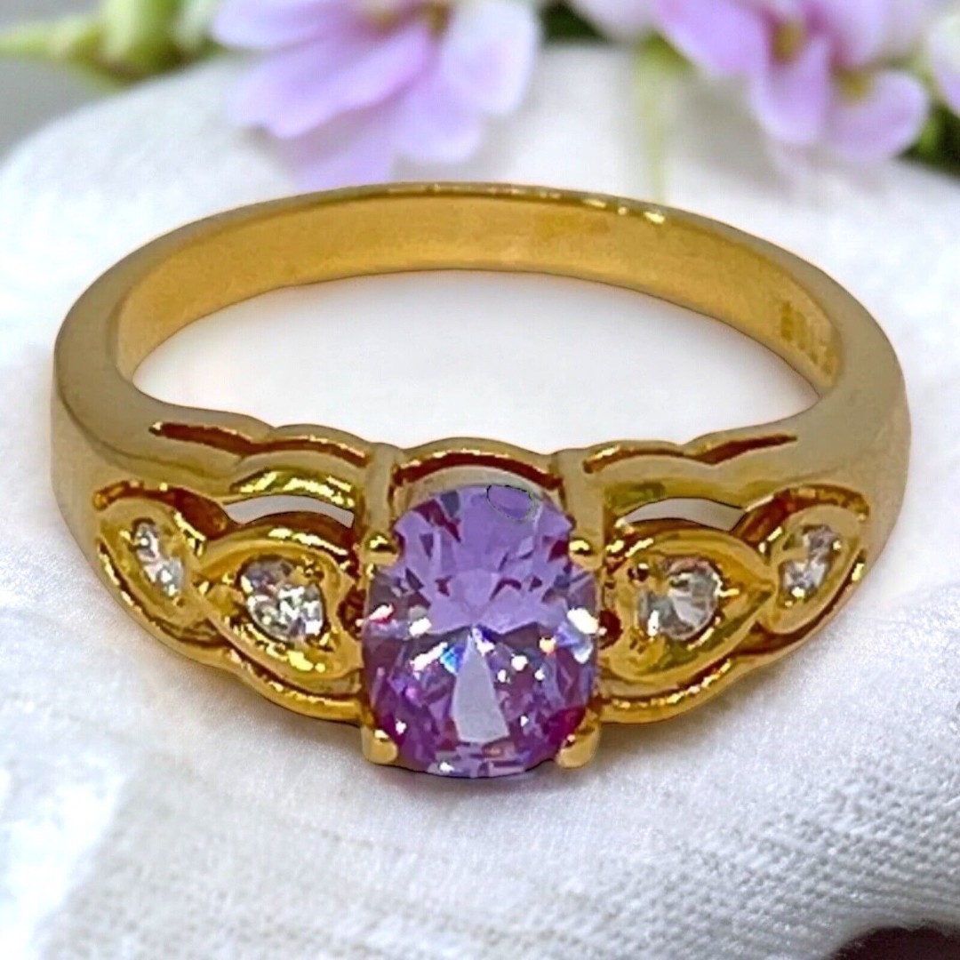 Vintage Ring Size 8 Purple Cubic Zirconia Accents 14K Gold Plate Mid-Century 14J
