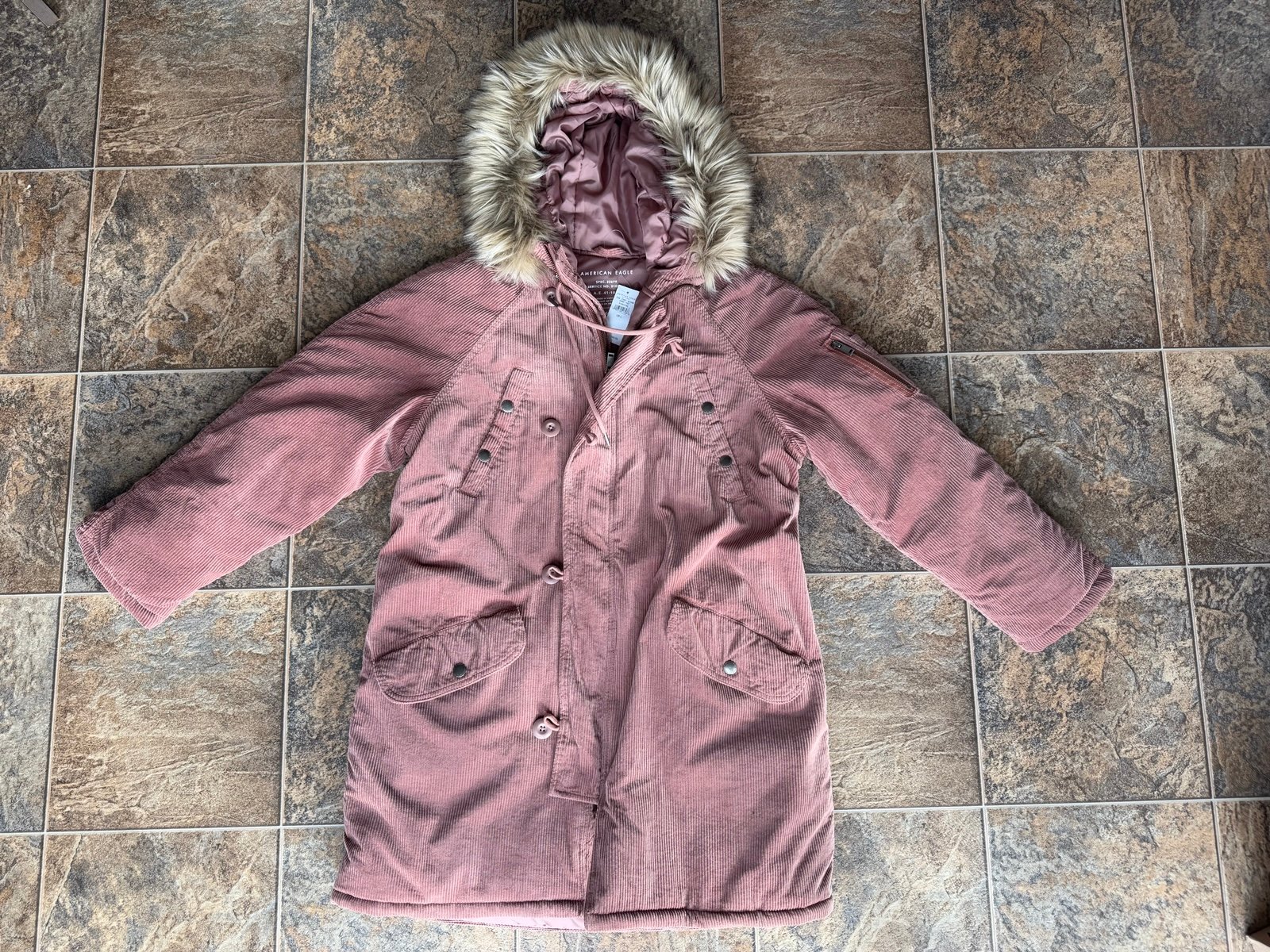 American Eagle Corduroy Faux Fur Parka Coat Jacket Dusty Rose Pink Women’s Large