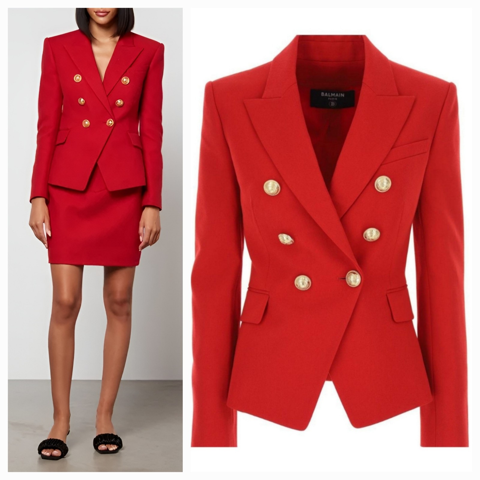 Balmain Button-Embellished Cotton-Piqué Blazer in Red Size 36 NWT