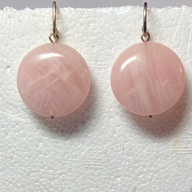 Vintage 1” Natural Rose Quartz Disc Dangle Pierced Earrings