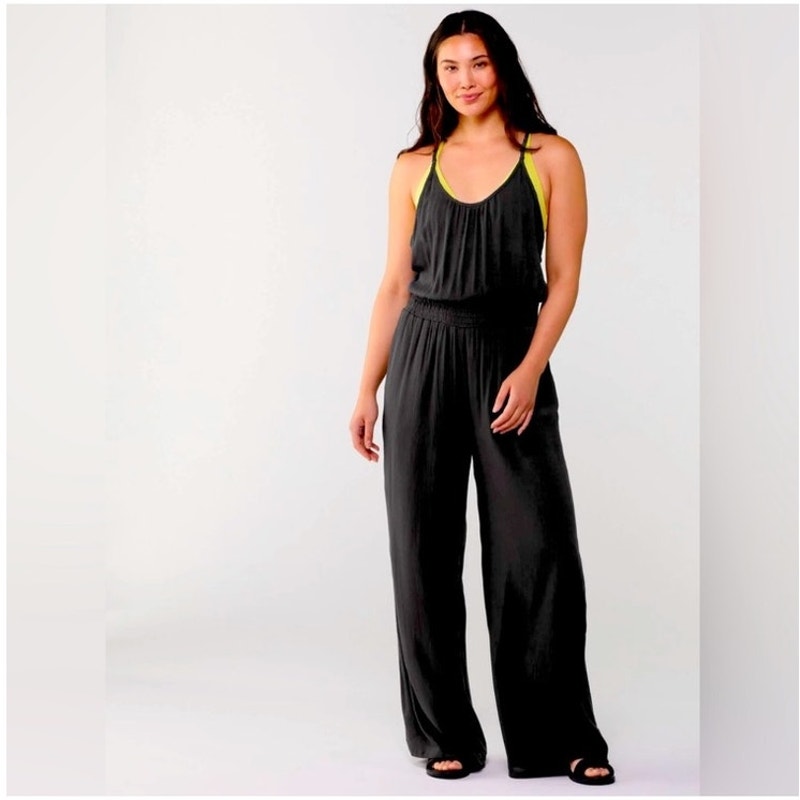 Prana Fernie Wide Leg Jumpsuit Women's L Black Crinkle 100% Tencel Swim Coverup