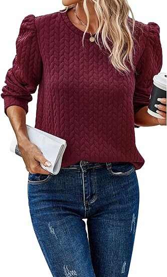 Women's Bubble Sleeves Sweatshirt 2023 Autumn Fashion Casual Round Neck Solid