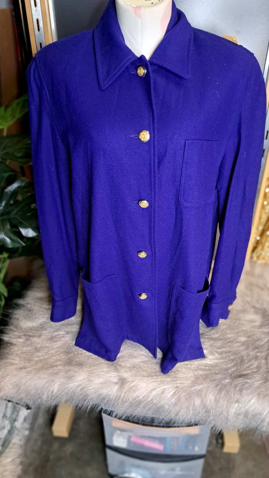 Susan Bristol • Vintage Lambswool Cobalt Blue Gold Button Shacket Blazer Shirt 6