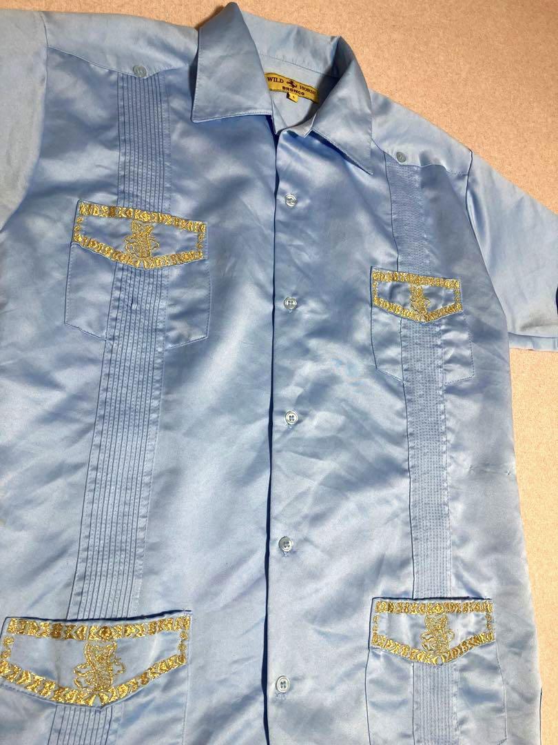 80s Rare Design WILD HORSE Cuban Shirt Open Collar Gold Embroidery Cobra