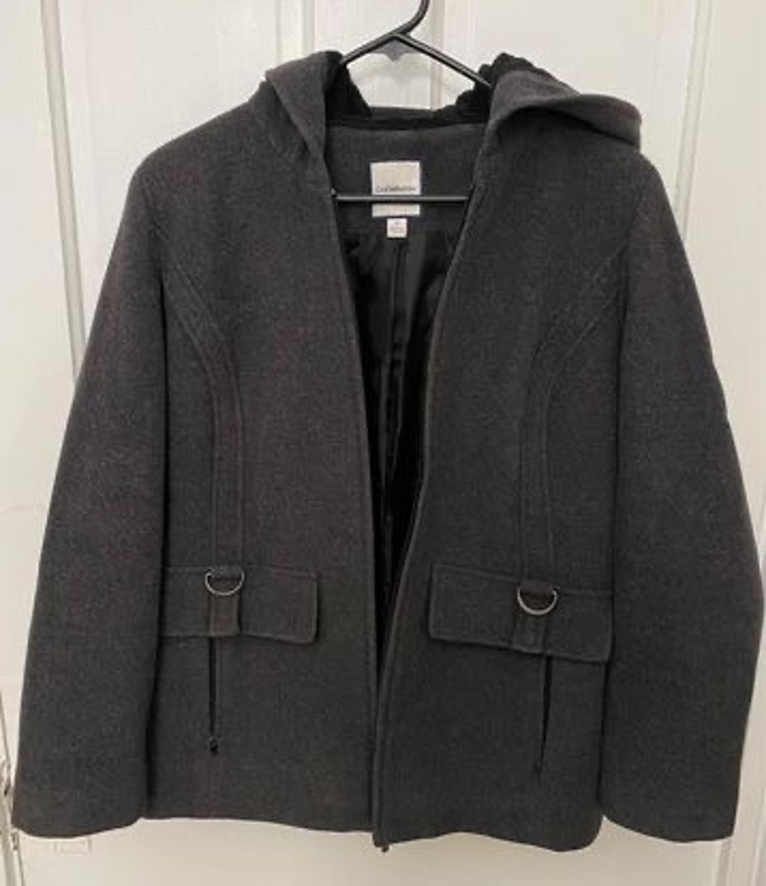Woman’s Croft & Barrow Gray Wool Blend Zip-Up Hooded Peacoat - Size Small