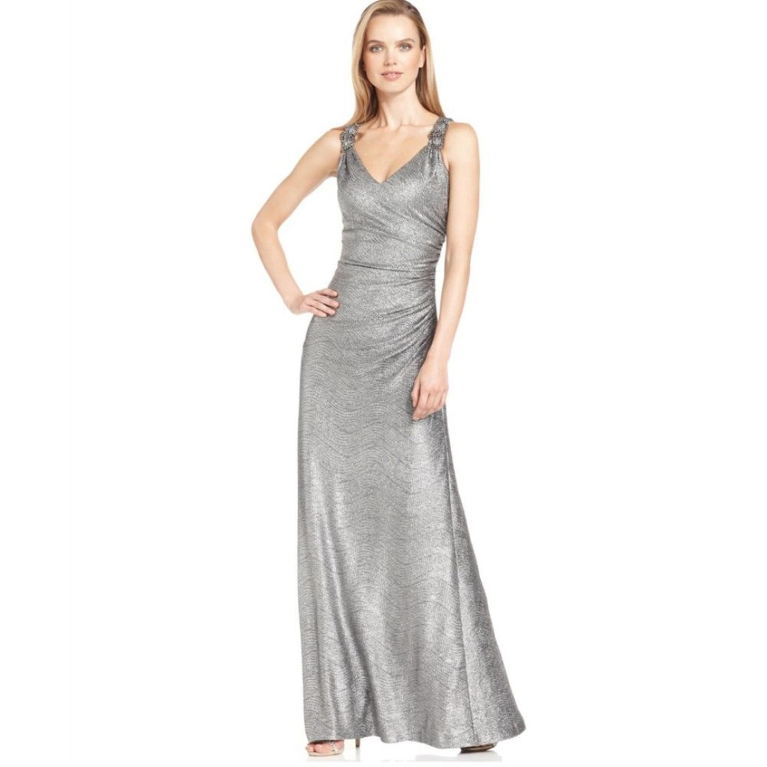 CALVIN KLEIN Silver Metallic Maxi Dress Women’s Size 4 Fitted Ruched Glam Gown