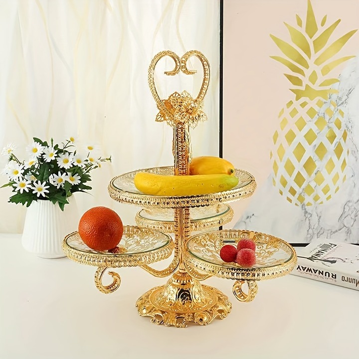 New Round Four Plate Golden Edge Cake Stand, Luxury Glass Alloy Dim Sum Plate