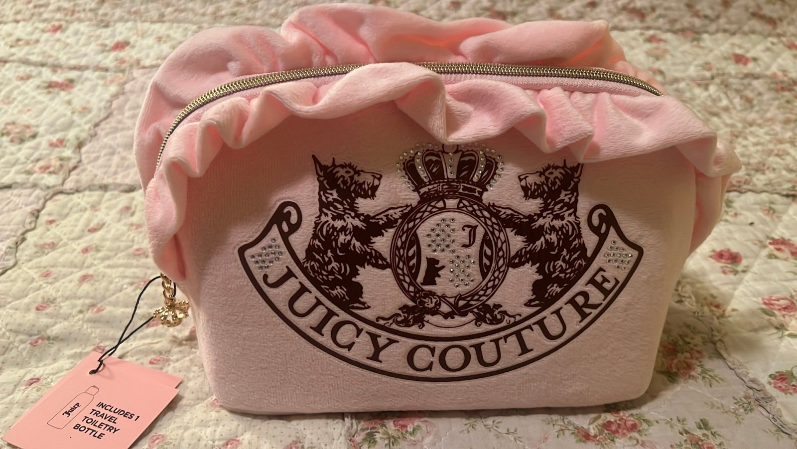 pink velour juicy couture ruffle travel makeup bag