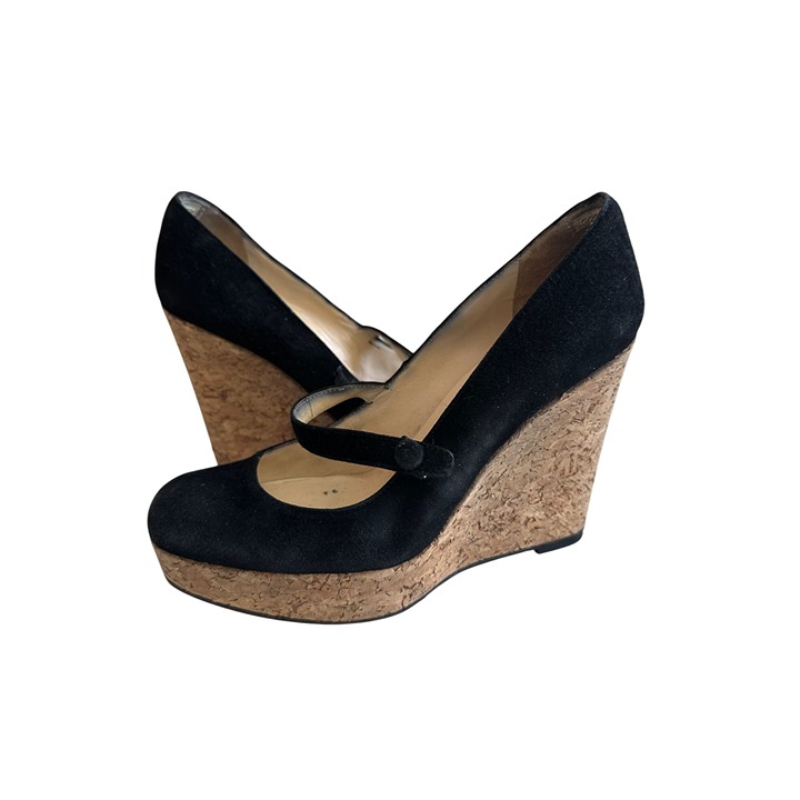 CHRISTIAN LOUBOUTIN Black Suede Cork Wedges Size 36.5