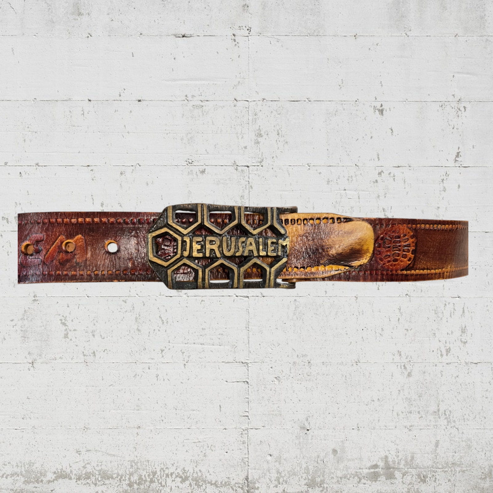 Vintage Jerusalem Pilgrim Tab Brown Embossed Leather Carved Brass Buckle Belt